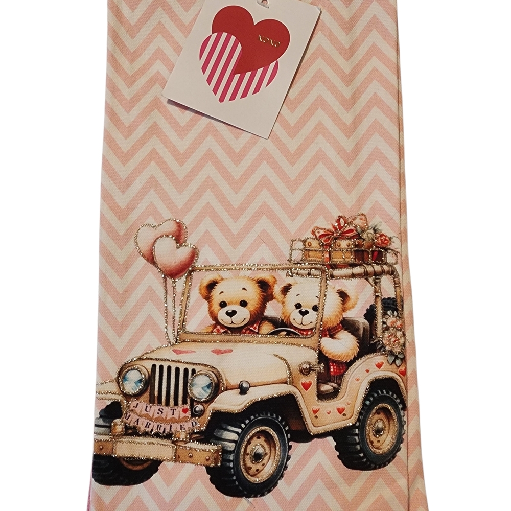 XOXO Just Married /Valentine's Day Pink and Tan Bear Kitchen Towel SET